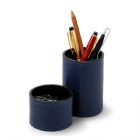 Conjunto de porta-lápis e clipes redondo em couro azul.