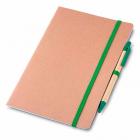 Kit escritório, contendo: 1 Caderno de anotações 21,5x14cm, capa em papel kraft com elástico, suporte para caneta e miolo com 30 folhas 1Caneta corpo em papel reciclado com detalhe em plástico (verde) - 1514261
