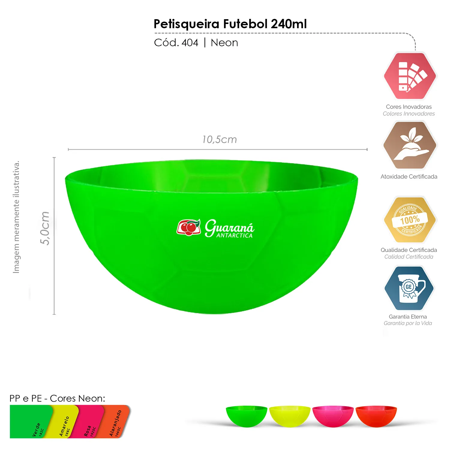 Petisqueira futebol verde neon 240mL produzida em Plástico Premium PP atóxico, com detalhes em baixo relevo inspirados em bola de futebol - 2165609