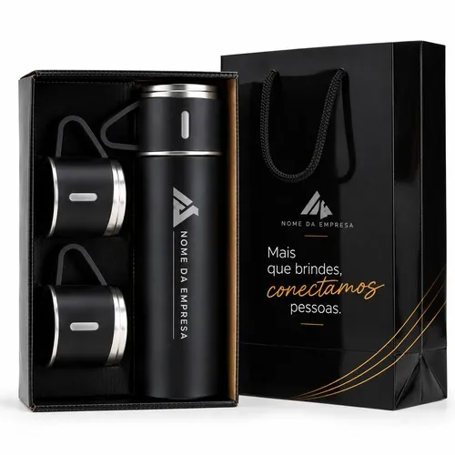 Kit garrafa térmica 450ml com duas tampas extras que podem ser utilizadas como xícaras