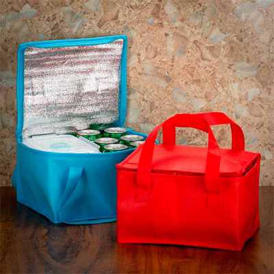 Bolsa térmica 10 litros em TNT com alça para mãos, revestimento interno de manta térmica cor azul e vermelha - 805121