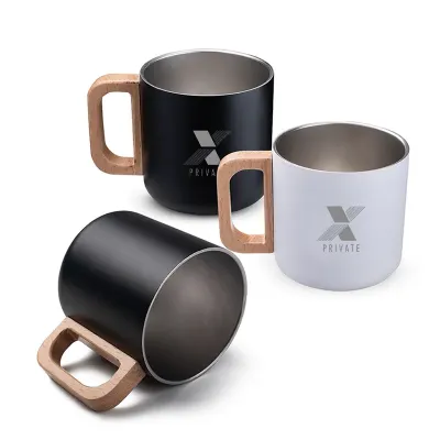 Caneca Térmica com Alça em Madeira - opções de cores
