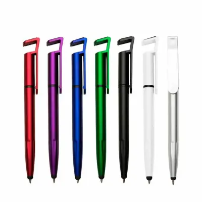 Caneta plástica com suporte para celular disponível em diversas cores