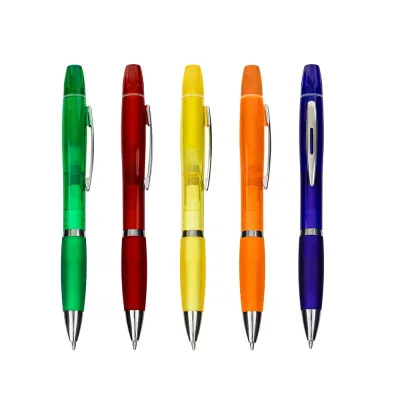 Caneta Plástica com Marca-Texto - opções de cores