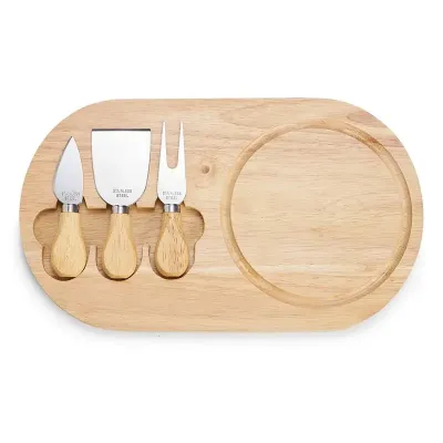 Kit com ábua de bambu com canaleta, faca com ponta, garfo e espátula