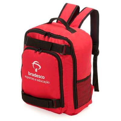 Mochila em poliéster com bolsos laterais um com tela e outro com zíper 