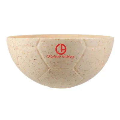 Petisqueira futebol fibra madeira palha 240ml com acabamento ecológico, detalhes em relevo de bola de futebol e design moderno para brindes personaliz