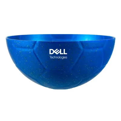 Petisqueira futebol fibra de madeira azul 240ml com acabamento ecológico e formato de bola, ideal para brindes e uso promocional