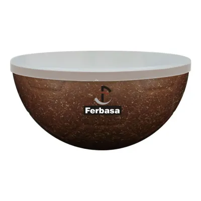 Petisqueira futebol com tampa fibra de coco green 240ml com acabamento ecológico e formato de bola, ideal para brindes sustentáveis e uso promocional