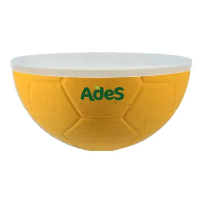 Petisqueira futebol com tampa fibra de madeira amarelo 240ml com acabamento ecológico e formato de bola, ideal para brindes sustentáveis e uso promocional