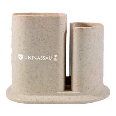 Porta lápis duo fibra madeira palha com design arredondado exclusivo e acabamento ecológico, ideal para brindes personalizados e organização corporati
