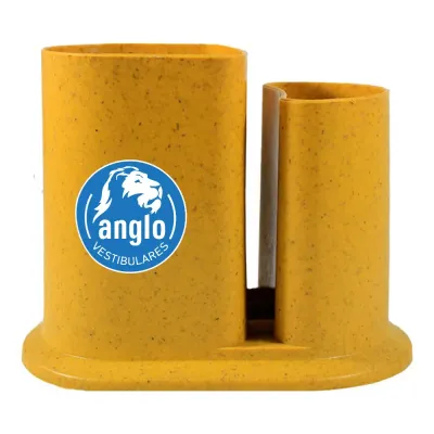 Porta lápis duo fibra madeira amarelo com design arredondado exclusivo e acabamento ecológico, ideal para brindes personalizados e organização corpora