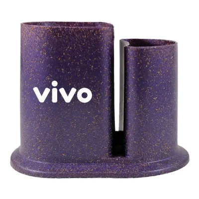 Porta lápis duo fibra madeira lilás com design arredondado exclusivo e acabamento ecológico, ideal para brindes personalizados e organização corporati