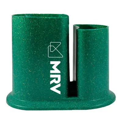 Porta lápis duo fibra madeira verde com design arredondado exclusivo e acabamento ecológico, ideal para brindes personalizados e organização corporati