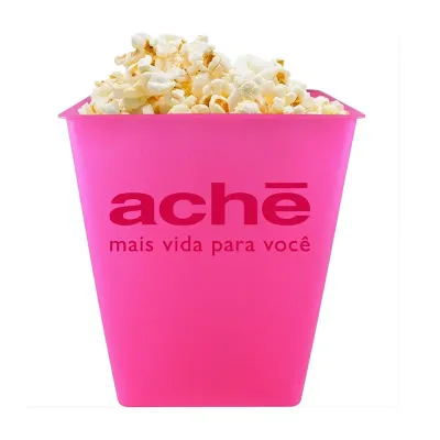 Balde de pipoca rosa personalizado Aché com logo institucional, capacidade 2,6 litros, ideal para brindes e eventos
