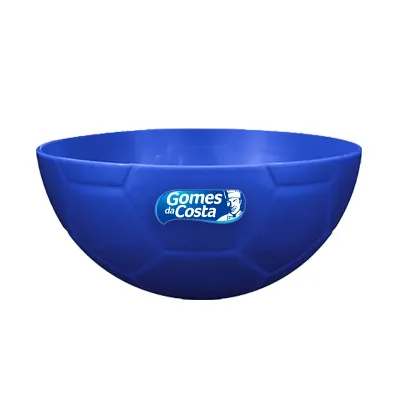 Petisqueira futebol azul 240ml com formato de bola e acabamento em relevo, ideal para brindes e uso promocional