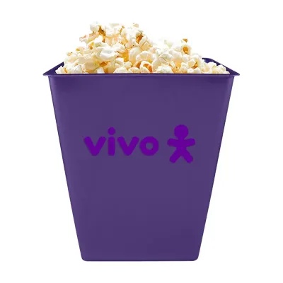 Balde de pipoca roxo personalizado Vivo com logo institucional, capacidade 2,6 litros, ideal para brindes e eventos