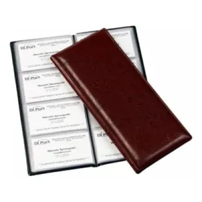 Porta cartões personalizado em couro sintético, para 128 cartões, com personalização da logomarca em baixo relevo.