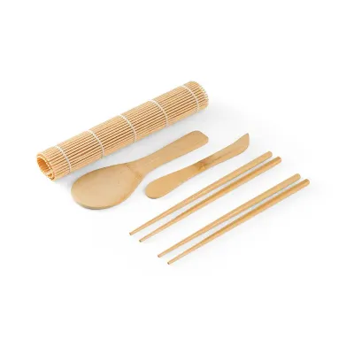 Kit para sushi com tapete, 2 pares de hashi, 1 colher e 1 faca em bambu