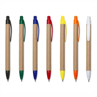 Caneta ecológica de papelão com detalhes coloridos