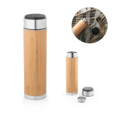 Garrafa térmica em aço inox e bambu
