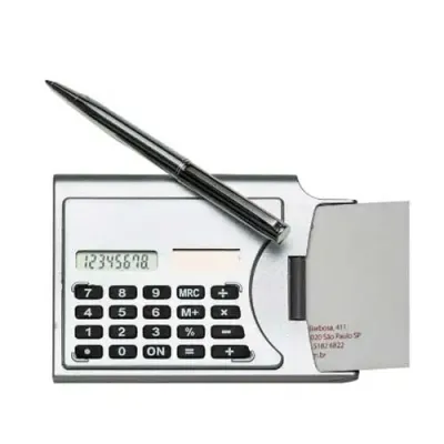 Calculadora plástica de 8 dígitos acompanha caneta plástica prata com clip de metal - 1074556