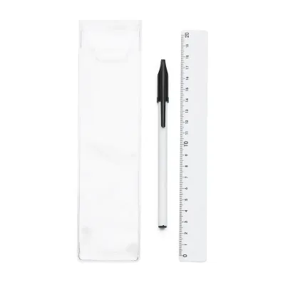 Kit régua e caneta plástica em estojo plástico transparente - 1801827