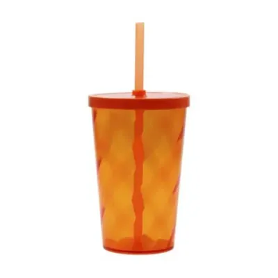 Copo plástico ou acrílico com tampa e canudo na cor laranja