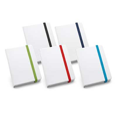 Caderno branco com elástico coloridos