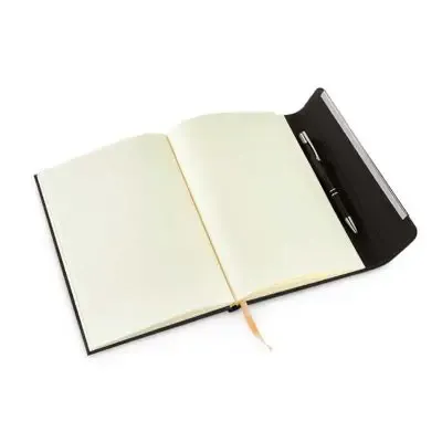 Caderno capa dura com porta caneta. - 416898