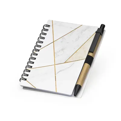 Caderneta com capa em papel com acabamento brilhoso e caneta - 1811463