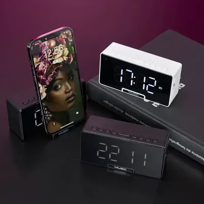 Caixa de som multimídia com relógio despertador e suporte  - 1819804