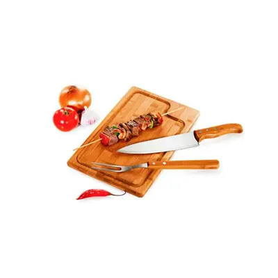 Kit churrasco 3 peças em inox e bambú, contém: 1 garfo, 1 faca e 1 tábua - 125254