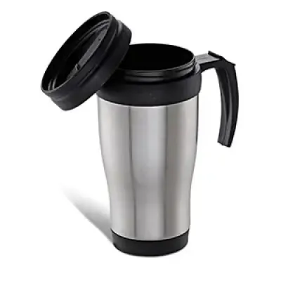 Caneca em Polipropileno revestida em Aço Inox com capacidade de 420 ml. Personalização a Laser