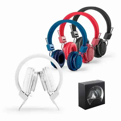 Fone de ouvido dobrável disponível na cor branca, azul, vermelha e preta