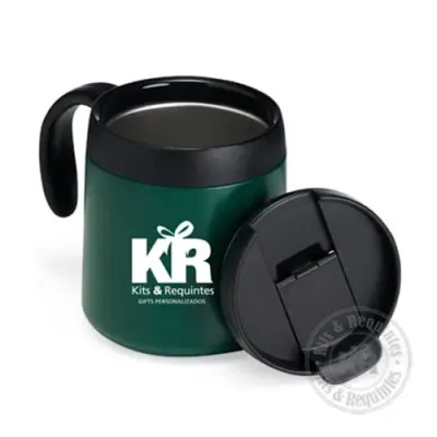 Caneca térmica verde, capacidade de 350ml.