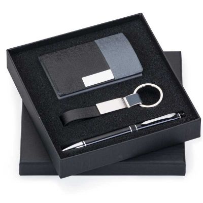 Kit de chaveiro com caneta e porta-cartão