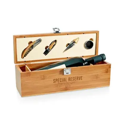 Kit vinho eco personalizado em bambu e zinco com saca rolhas, canivete sommelier, gargantilha e salva gotas 