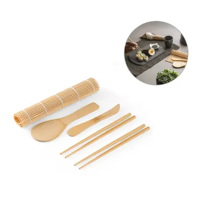Kit para sushi em bambu com tapete, 2 pares de hashi, 1 colher e 1 faca em bambu - 1870052