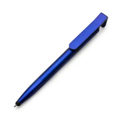 Caneta plástica com touch, suporte para celular e limpador de tela - azul - 1736653