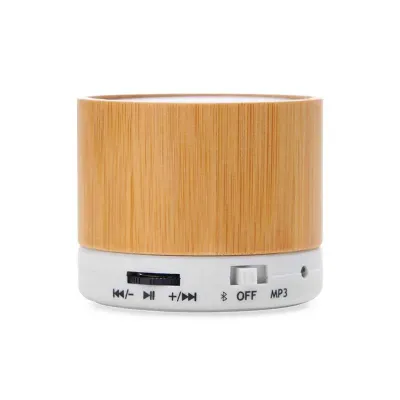 Caixa de som multimídia com Bluetooth e rádio FM. Material plástico com acabamento em bambu - detalhe branco - 1489383
