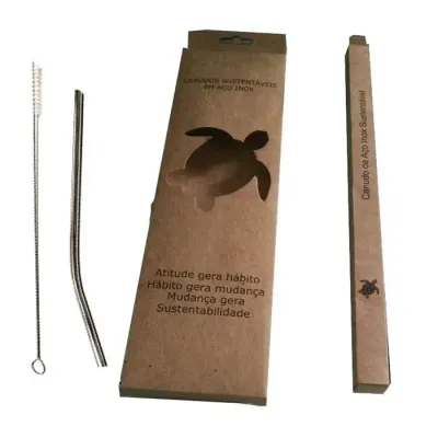 Kit Canudo de Metal Personalizado com Caixa. Contém 1 canudo, uma escova e a embalagem em Papelão.