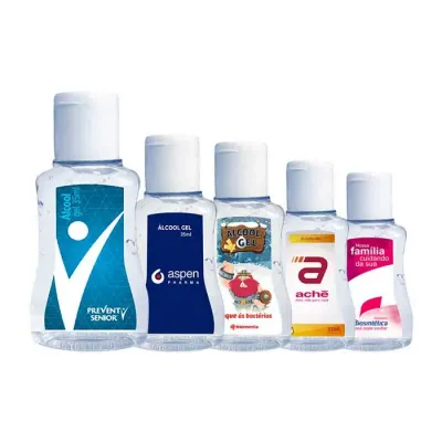 Álcool gel personalizado em até 04 cores  em frascos de 35 ml  com tampa flip top- varios logos - 1011886