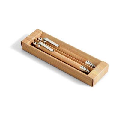 Conjunto de esferográfica e lapiseira em bambu em estojo de cartão  - 1015960