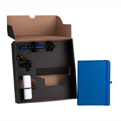 Kit por caderno para anotações, caneta esferográfica em ABS azul e carregador portátil USB