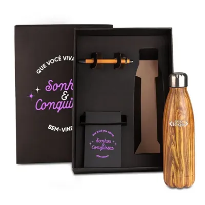 Kit com garrafa, bloco e caneta