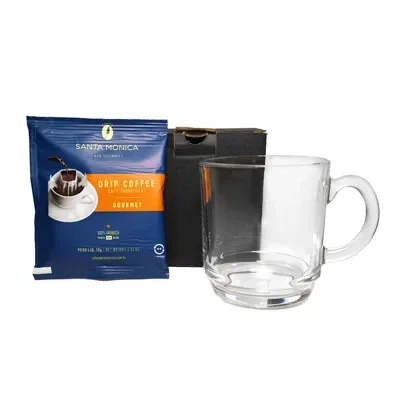 Kit café com caneca de vidro e drip coffee