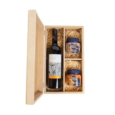 Kit vinho com 2 potes de aperitivo em caixa de madeira - 1935443