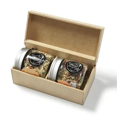 Kit Gourmet com temperos especiais com caixa de madeira (vários sabores) 