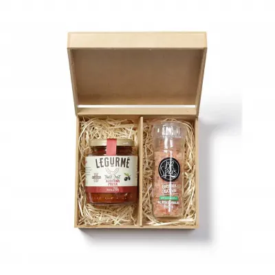 Kit Gourmet com aperitivo e sal rosa do himalaia com caixa de madeira 